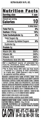 Monster Energy Ultra Black, Sugar Free Energy Drink, 16 Ounce