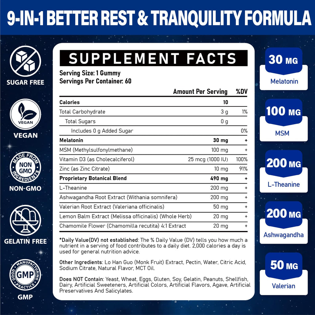 Melatonin Gummies 30mg for Adults: Maximum Strength Melatonin Supplement with L-Theanine, Ashwagandha, MSM, Vitamin D3 & Zinc - Non-Habit Forming, Natural Mixed Berry Flavor 60 Count (Pack of 2)