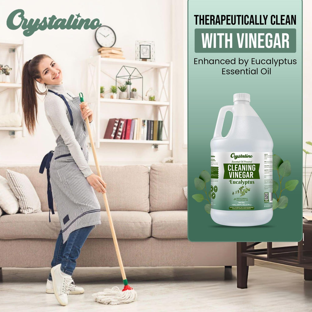 Crystalino 6% Cleaning Vinegar Cleaner (1 Gallon) Eucalyptus Essential Oil Powered for Home, White Industrial Vinegar for Cleaning Purpose and Laundry, Vinager, Vinagre Blanco de Limpieza, Vinger