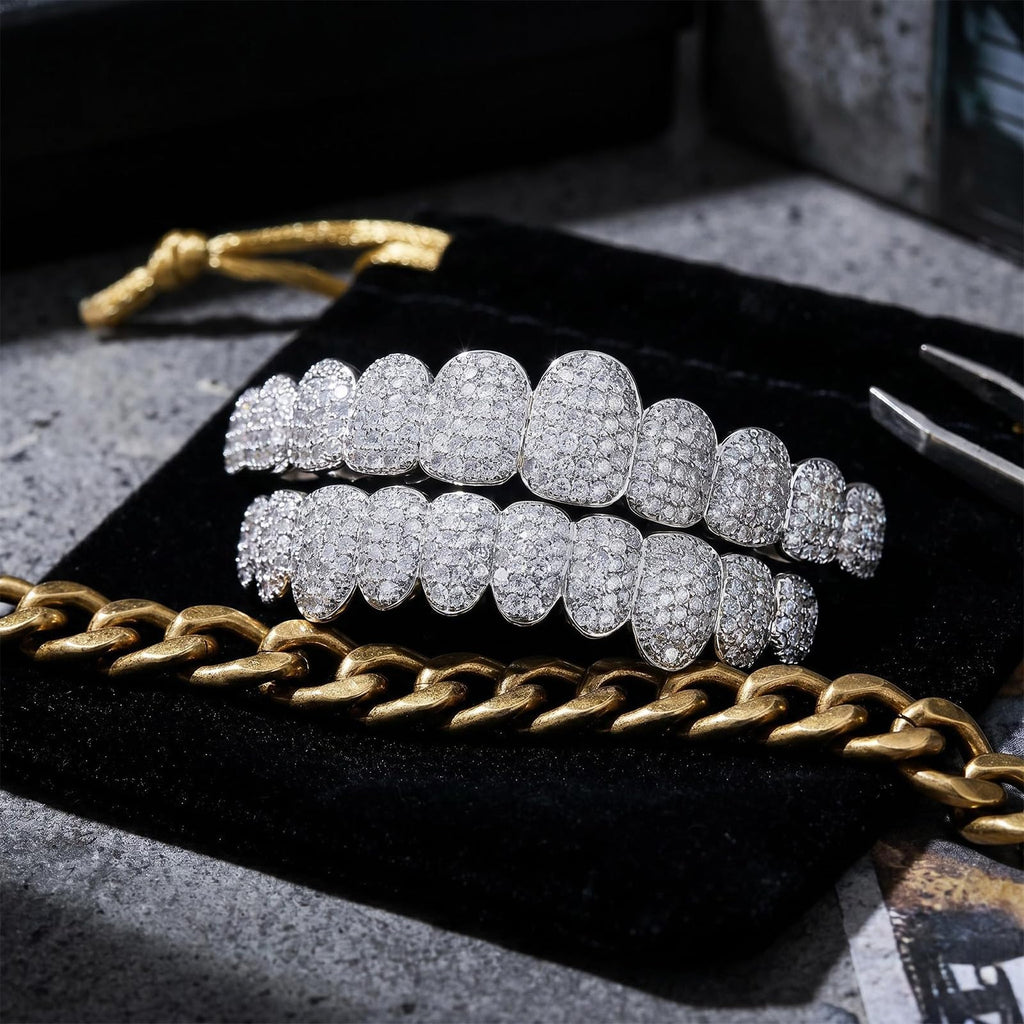 Men and women Adjustable Gold and Silver Grillz - Hip Hop Bling Tooth Covers with Cubic Zirconia - Detachable Fashion Dental Jewelry for Men (Silver)