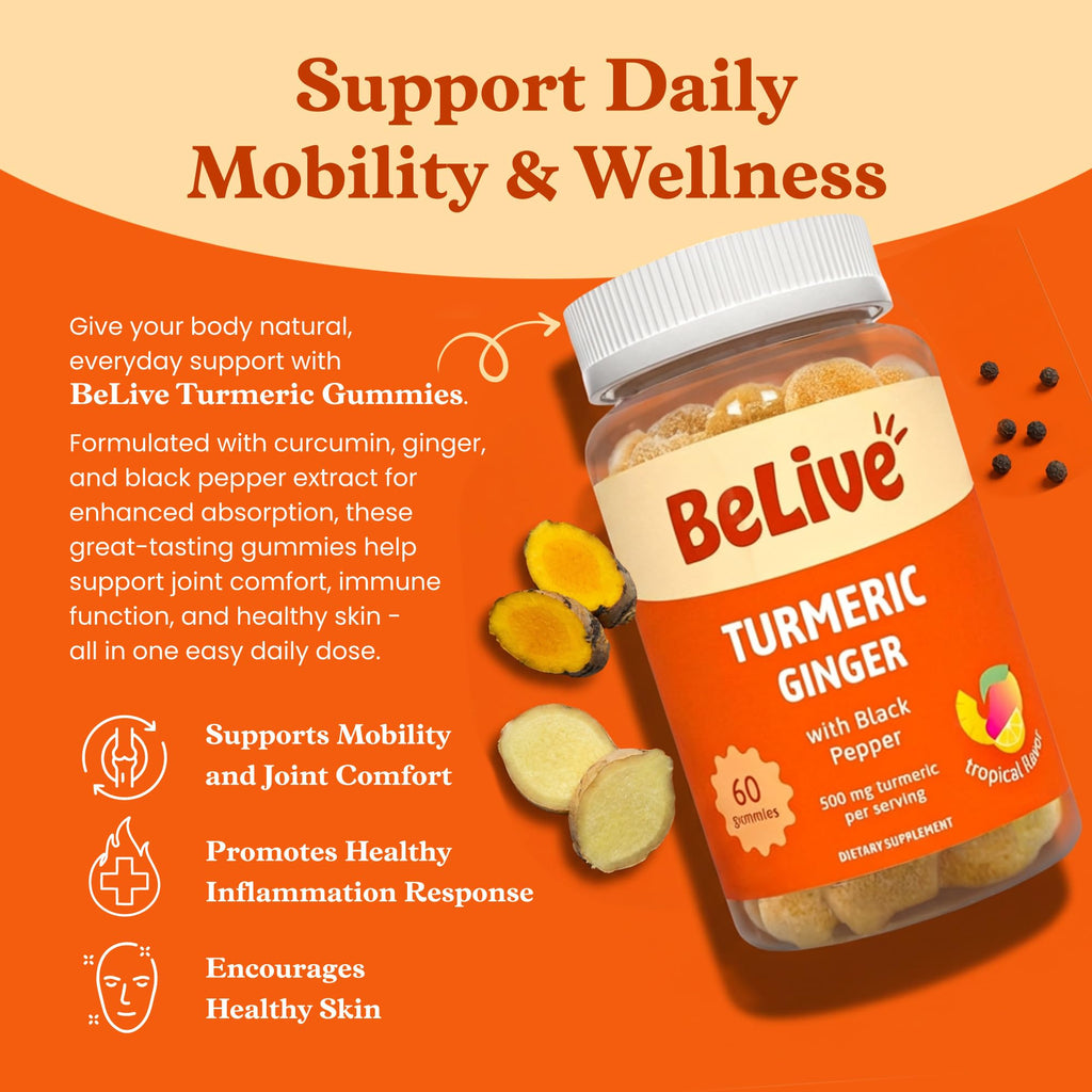 BeLive Turmeric Gummies - Curcumin with Black Pepper & Ginger Extract - 500 mg of Turmeric and Ginger Supplement for Immune Support, Healthy Skin, and Mobility - Tropical Flavor | 60 Count