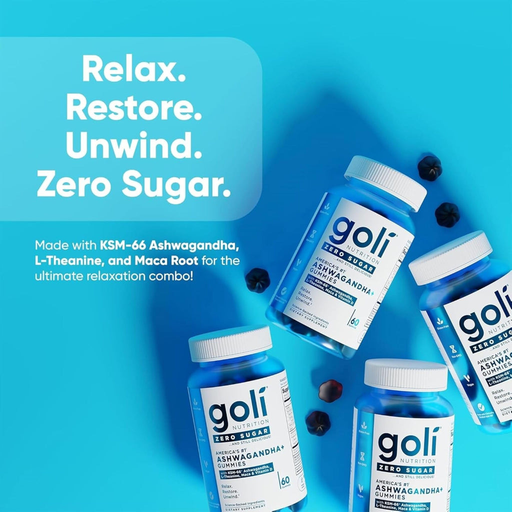 Goli Zero Sugar Ashwagandha & Vitamin D, Maca, L-Theanine Gummies, No Artificial Sweeteners, No Sugar Alcohols. Mixed Berry, KSM-66, Vegan, Plant Based, Non-GMO, Gluten-Free & Gelatin Free. (3)