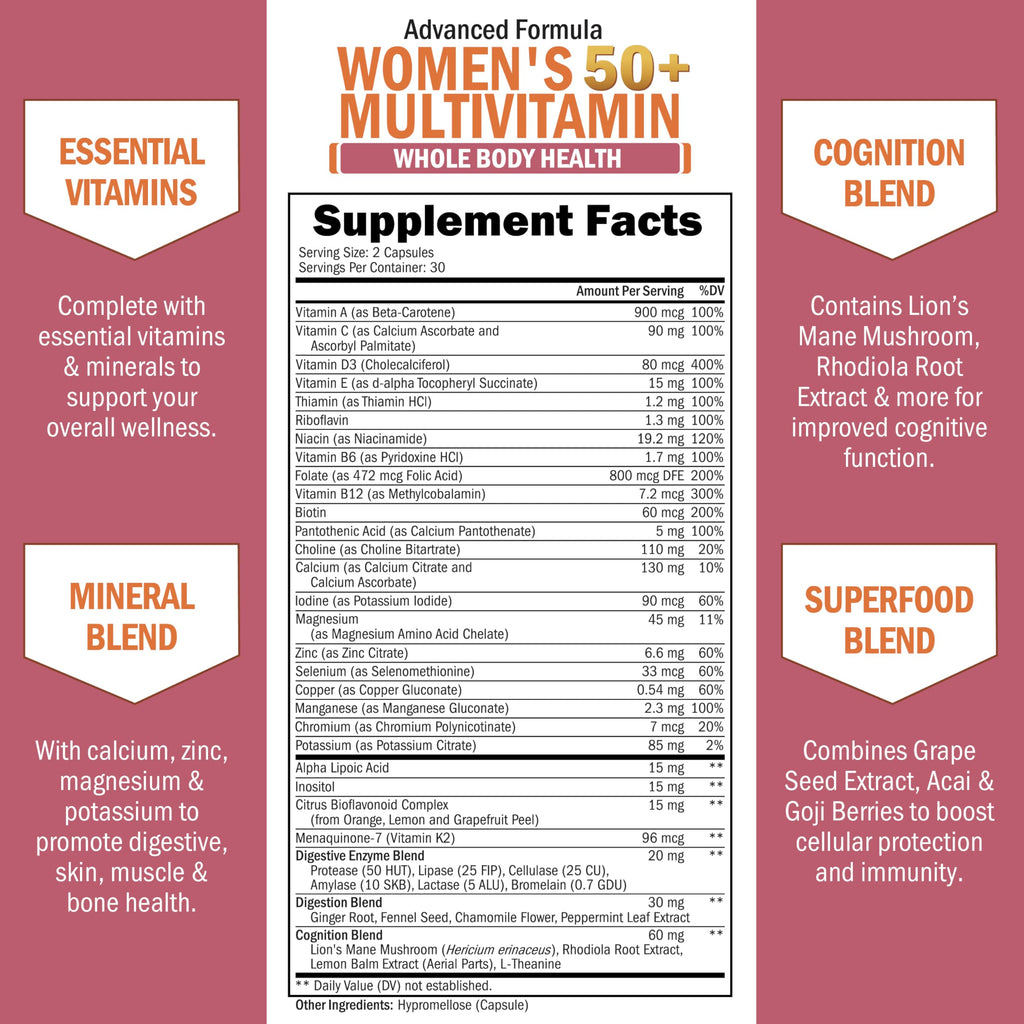 Daily Multivitamin for Women 50 & Over – Memory Support Supplement – Promotes Stress Reduction & Healthy Immune Response – Women's Multivitamin Supplement Designed for Stomach Comfort - 60 Capsules