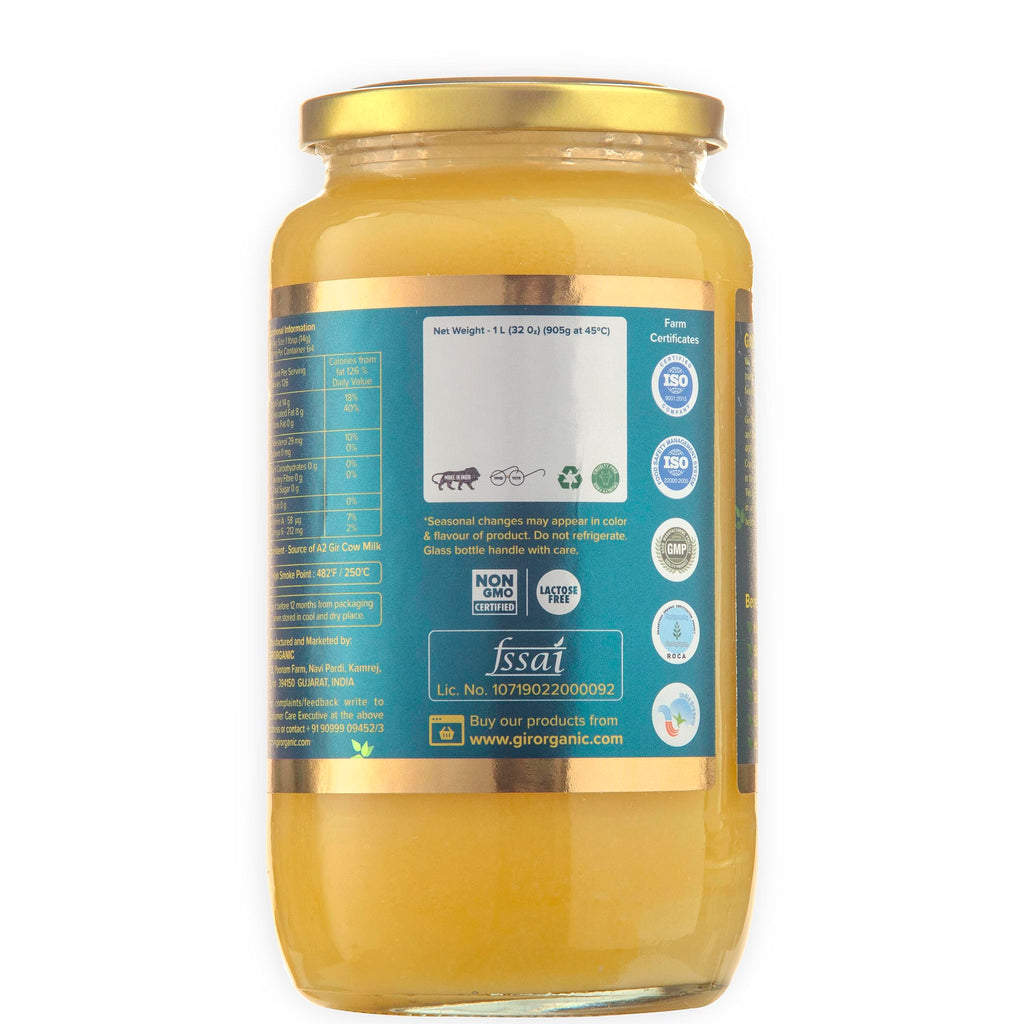 100% Organic Grass fed Ghee Butter from GirOrganic - 1 liter glass jar of Premium quality A2 Gir Cow cultured ghee. Pasture raised, Non-GMO, lactose - Casein - gluten free. Delivered in 5-8 days.