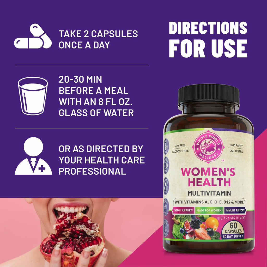 WHOLE WORLD WELLNESS Womens Daily Multivitamin Multimineral Supplement for Energy, Mood, Focus, Hair, Skin & Nails. Made for Women with 30+ Nutrients, Fruit & Energy Blend. Womens Vitamins, USA Made.