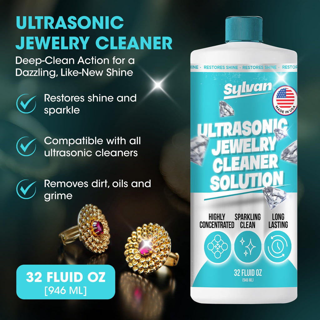 Sylvan Hills Ultrasonic Jewelry Cleaner Solution Concentrate + Free Cloth | 500+ Uses | 32 Oz | Made in The USA | Compatible with All Ultrasonic Cleaners | Cleaner Liquid | Rings, Necklaces & Eyewear