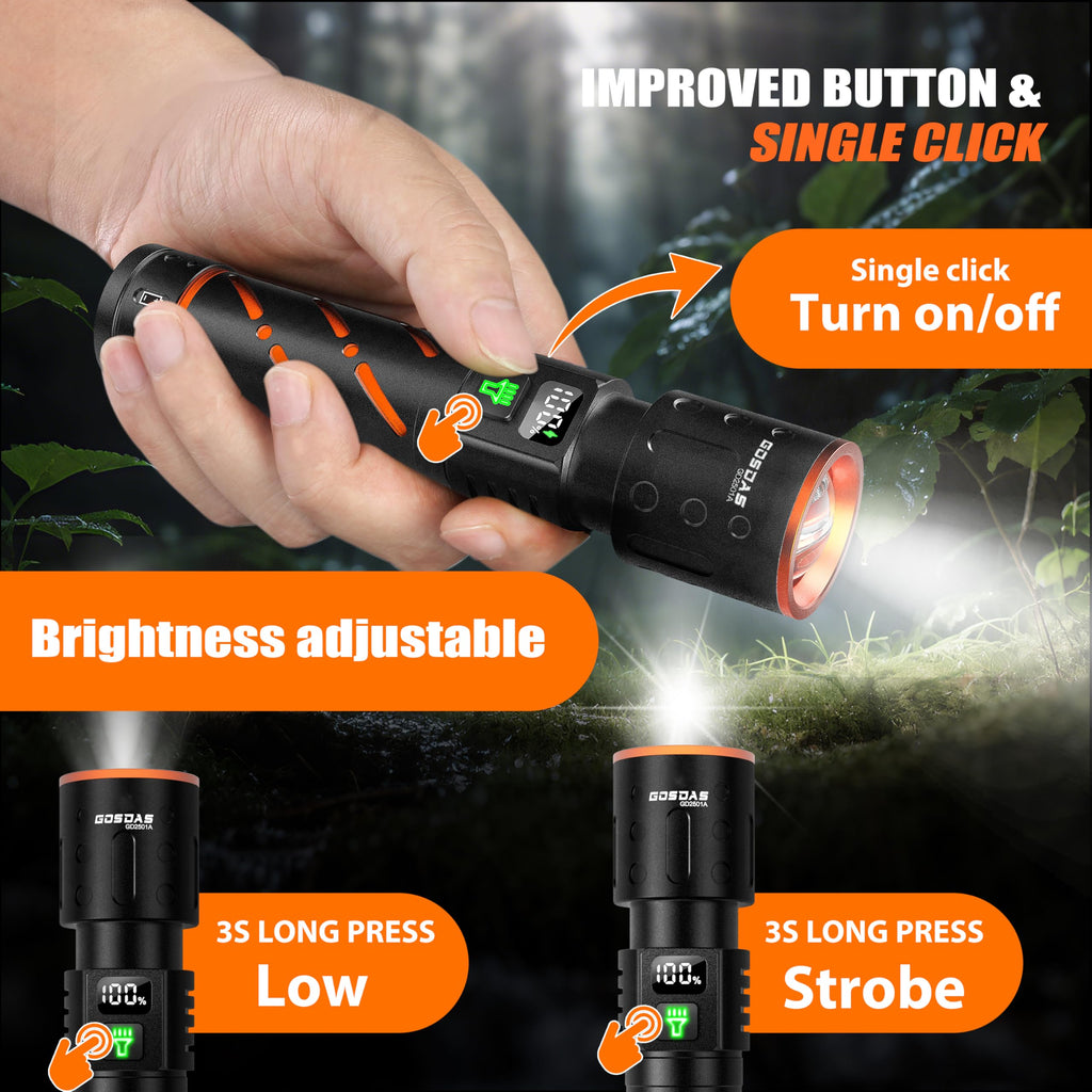 Gosdas Rechargeable Flashlights High Lumens 100000 2 Pack, Super Bright 30W LED, Long Lasting 12H, Single Click 3 Modes, Multifunctional USB C Input Output LCD Power Display, for Camping Hiking Home