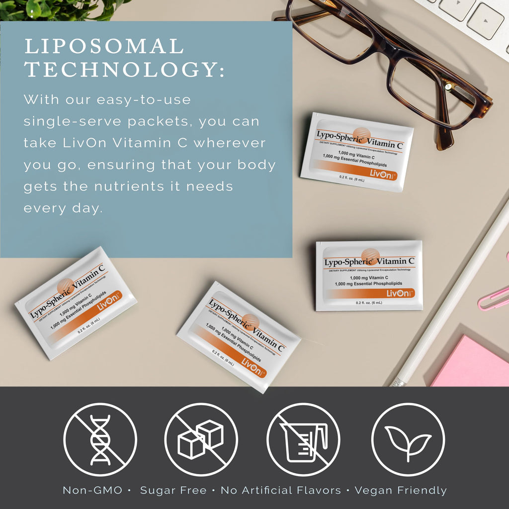 LivOn Laboratories Lypo–Spheric Liposomal Vitamin C 1000mg - No Sugar, Immune Support, Plant Based - Easy to Swallow, Absorbable - Non–GMO, Gluten Free (0.2 fl oz Individual 30 Packets)