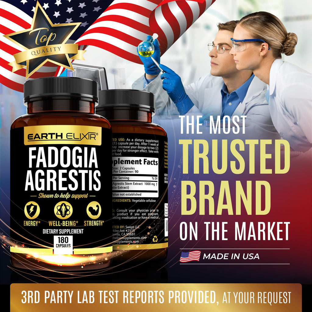 Earth Elixir Fadogia Agrestis Supplement 900mg (180 Capsules) - Made in USA - 3 Month Supply - 3rd Party Tested - Fadogia Agrestis Extract -Max Purity – 100% Pure – Fadogia Agrestis Capsules
