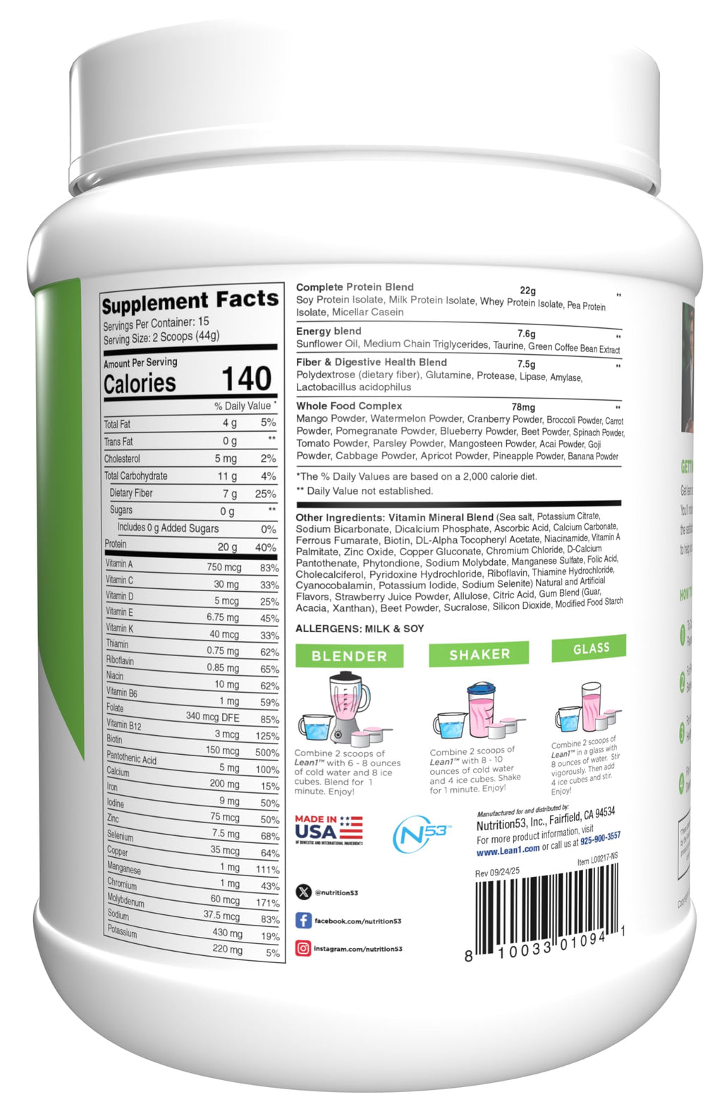 Lean1 Meal Replacement Protein Shake, Strawberry Flavor, 15 Serving Tub