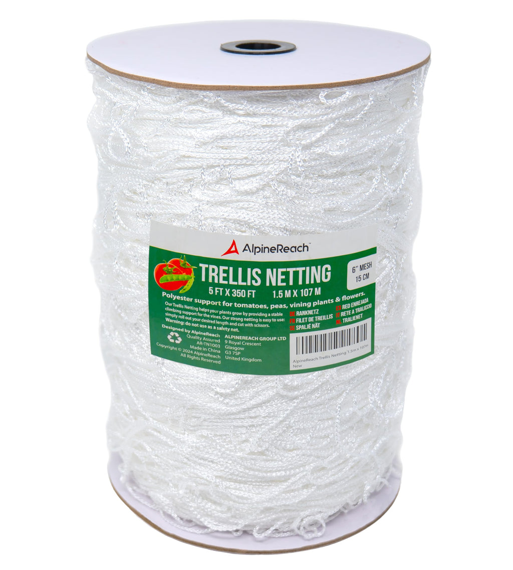 AlpineReach Trellis Netting 5 x 350 ft Heavy Duty Polyester White - 6 Inch Mesh Support Twine for Growing High Yield Tomatoes, Peas, Vine Climbing Plants Fruits Vegetables