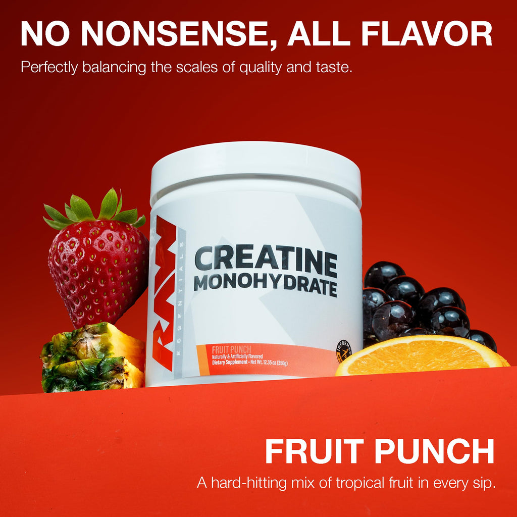 RAW Nutrition Creatine Monohydrate Powder, Fruit Punch (30 Servings) - Micronized Creatine Monohydrate Supplement for Workout Performance, Build Muscle & Strength - Creatine Powder for Men & Women