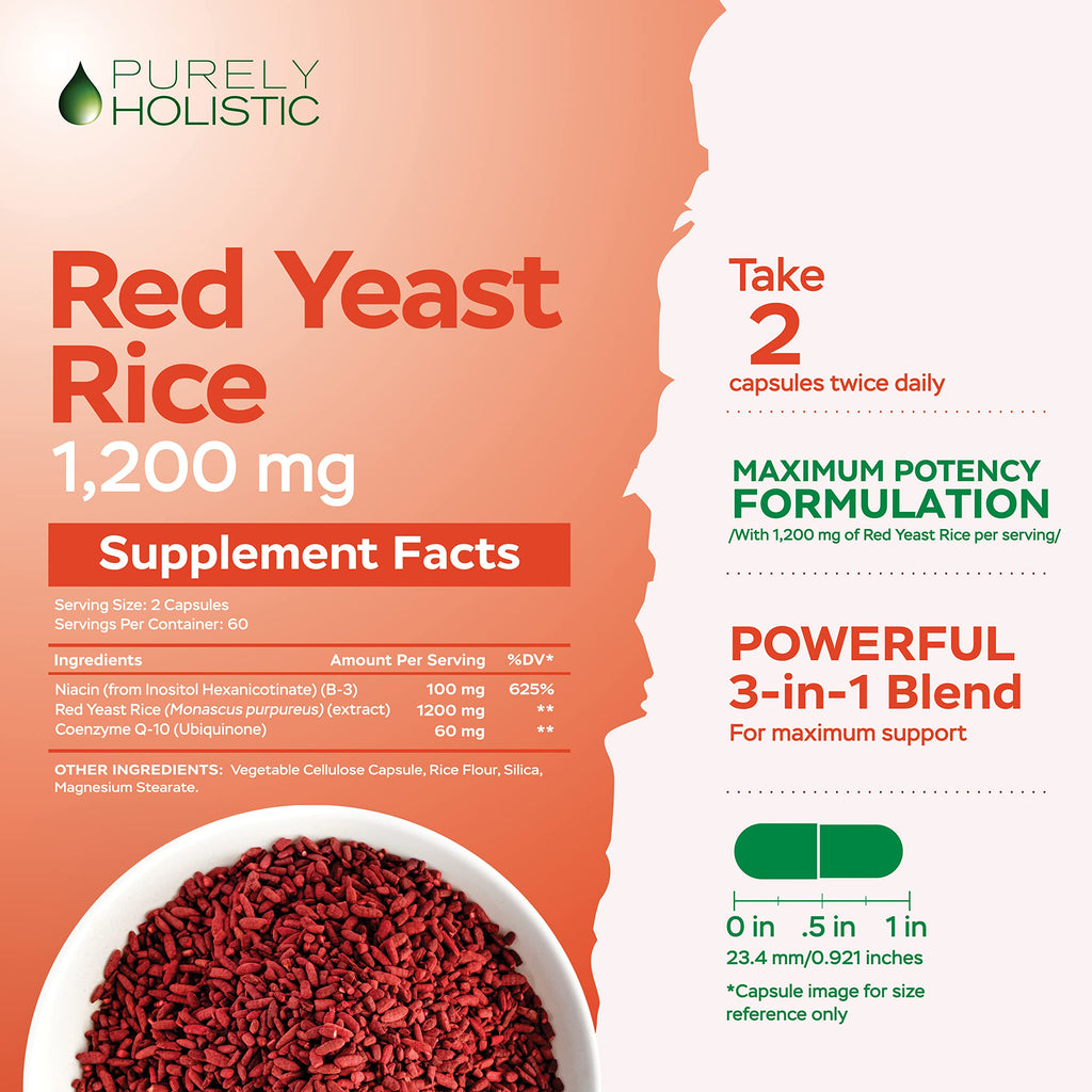 Purely Holistic Red Yeast Rice 1200mg with CoQ10 Supplement & Flush Free Niacin 120 Extra Strength Vegetarian Capsules – Advanced Healthy Heart Formula - Non-Irradiated, Citrinin Free