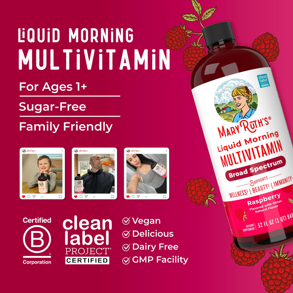 MARYRUTH'S Liquid Morning Multivitamin for Women, Men & Kids | Vitamin A C D E B6 B12 Biotin Zinc | Beauty | Vegan | Non-GMO | Gluten Free | 32 Servings
