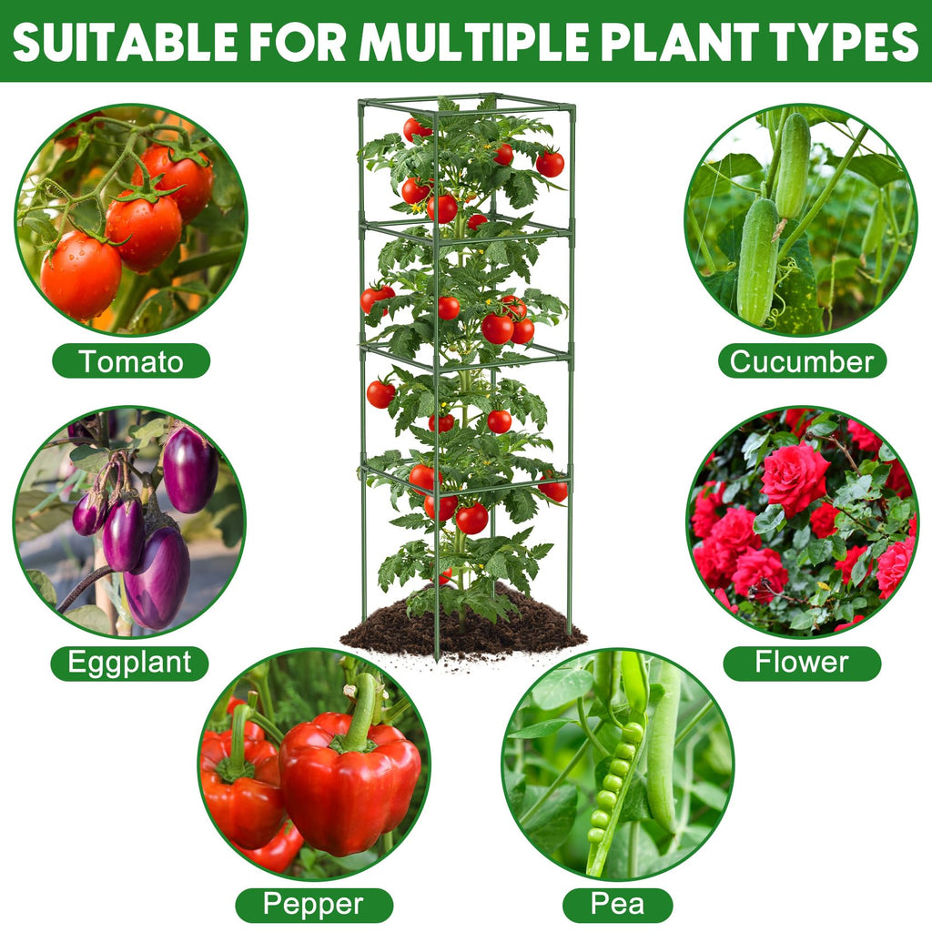 3 Pack Tomato Cage, 14.5" W x 53" H Square Tomato Trellis with 50 Pcs Clips