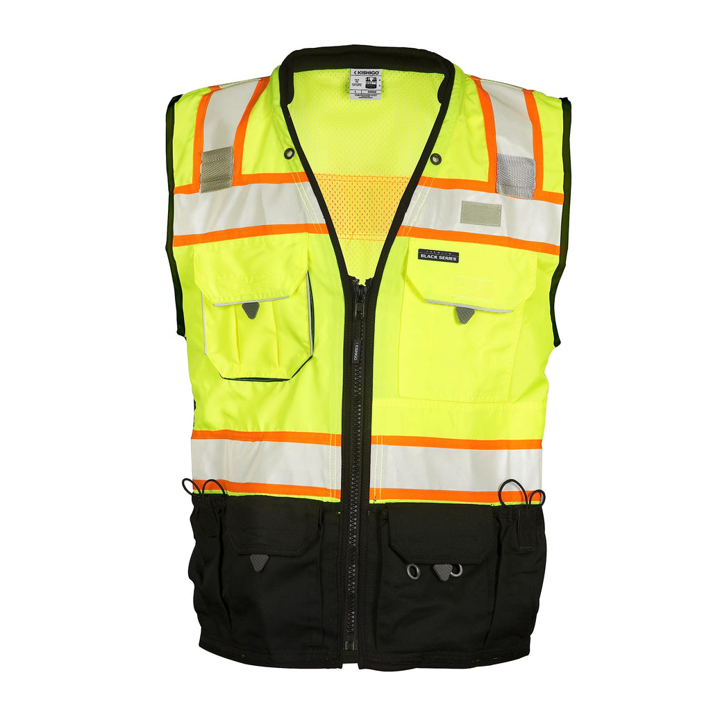 Kishigo Premium Black Series Unisex Surveyors Vest S5002, Class 2 Hi-Vis Safety Vest, 10 Pockets with Reinforced Front Zipper Closure & Durable Webbing, ANSI/ISEA 107 Compliant (Lime/Black, SM), Small