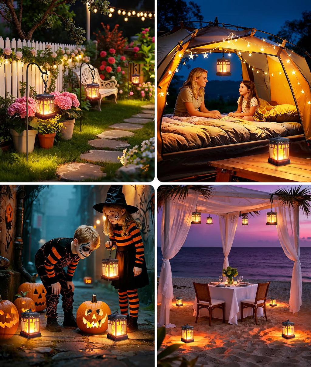 KOOPER Hanging Solar Lanterns Outdoor Waterproof, 4PCS Flickering Flame Hanging Solar Lights for Outside, Outdoor Solar Lanterns up to 12 Hours, Halloween Lanterns Decorative for Patio Yard Garden
