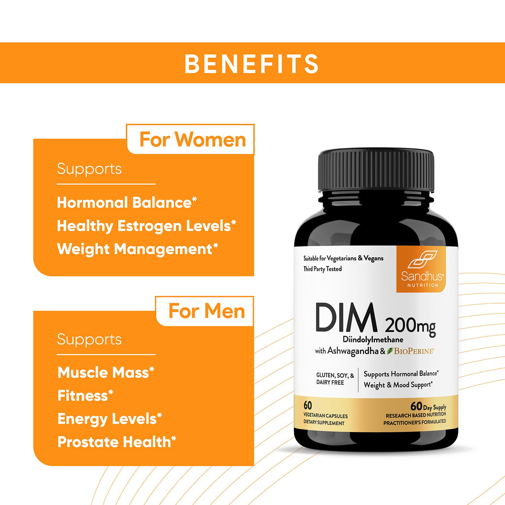Sandhu's DIM Supplement 200 mg - 60 Capsules - Diindolymethane with Ashwagandha & Bioperine Hormone Balance for Women & Men, Hormonal Acne Supplements