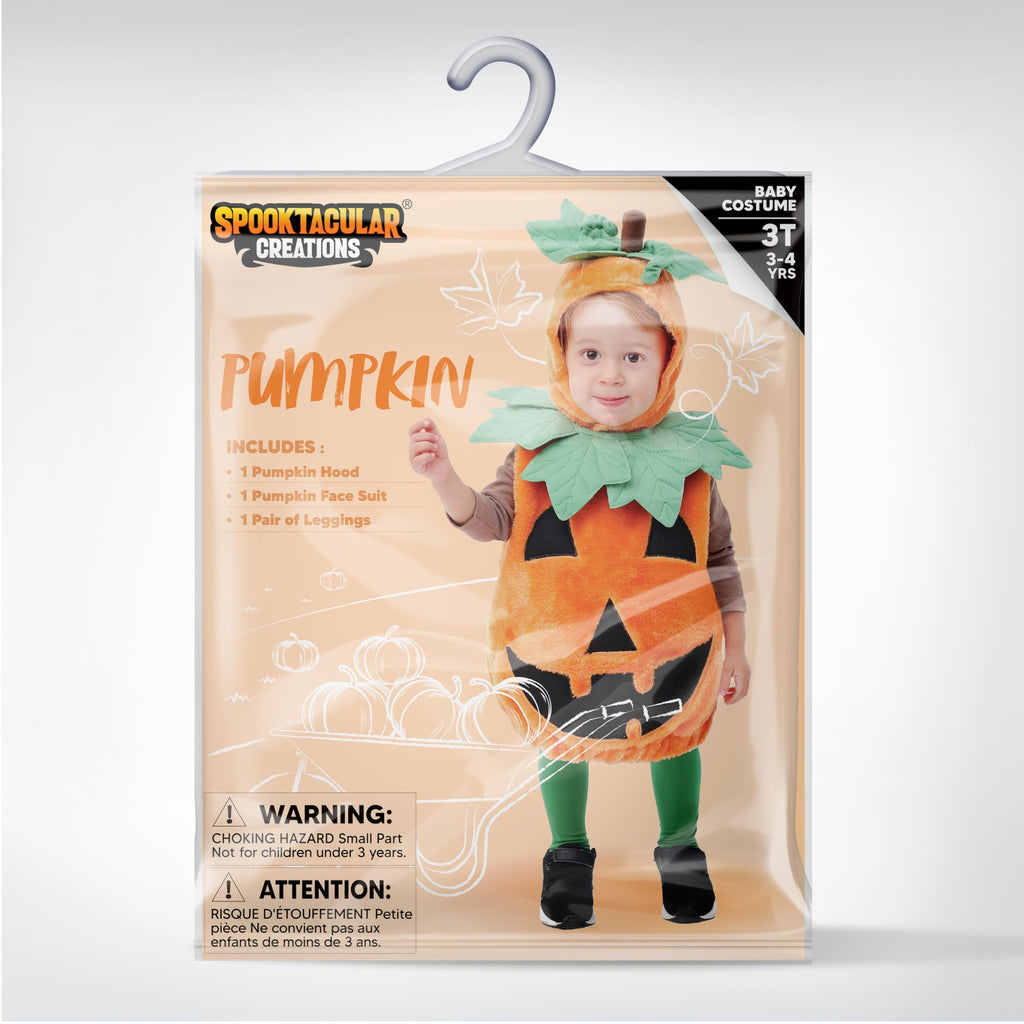 Spooktacular Creations Deluxe Pumpkin Costume with Plush Green leaves for Toddler, Kids Halloween Dress Up, Pumpkin Themed Party (3T)