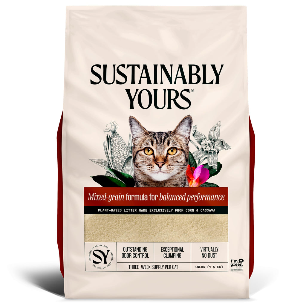 Sustainably Yours Natural Cat Litter, Mixed-Grain Formula, Exceptional Clumping & Odor Control, Virtually No Dust, Easy to Scoop, Corn & Cassava Plant-Based, Unscented, 10 lbs