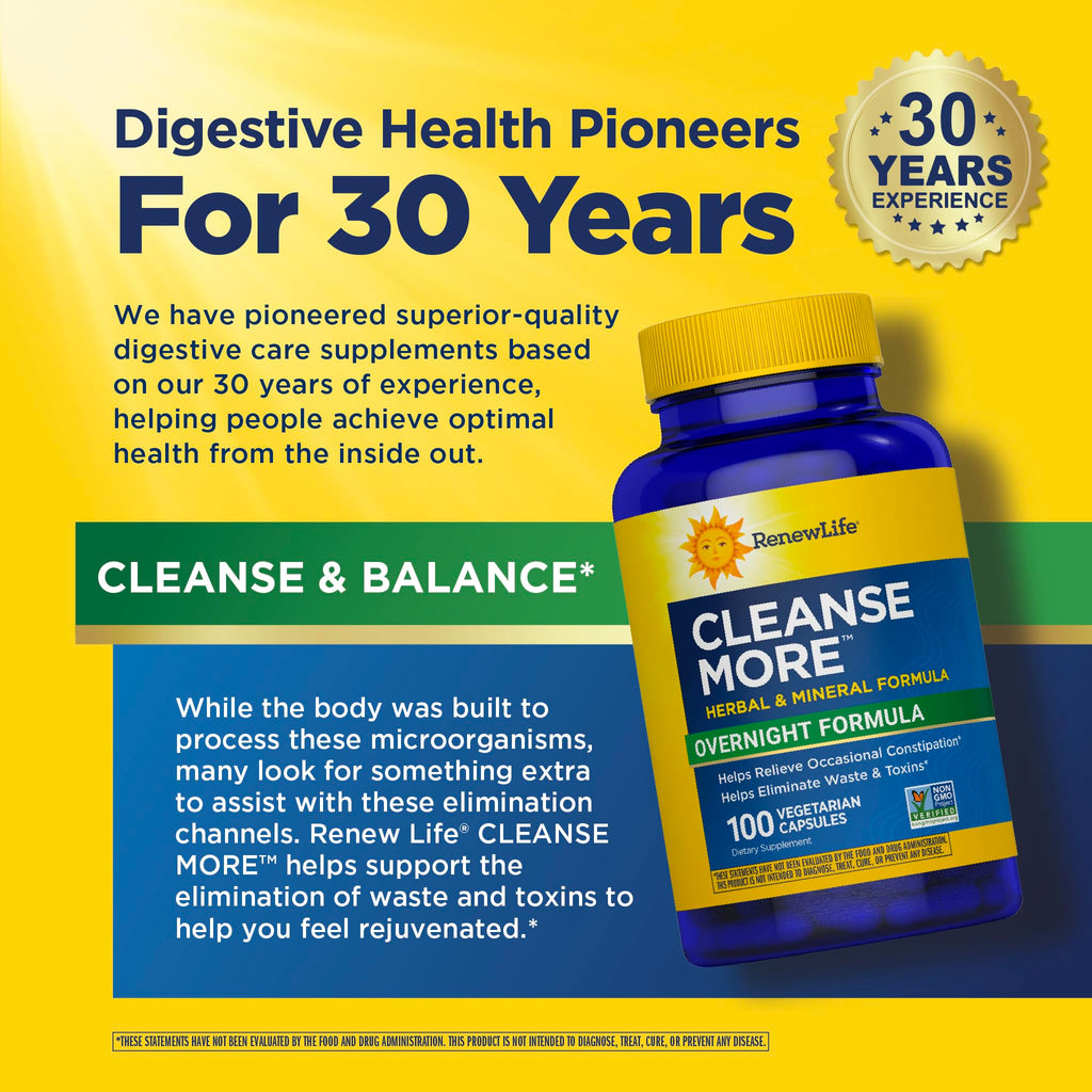 Renew Life Detox Cleanse More, Reduces Bloating and Restores Regularity, Overnight Constipation Relief, Soy, Dairy and gluten-free, 100 Capsules