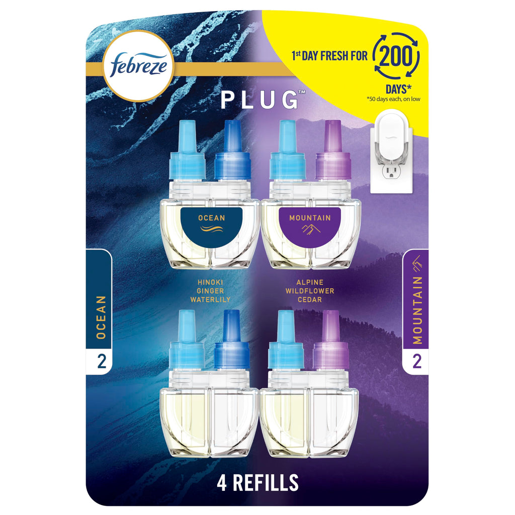Febreze Plug In Air Freshener, Odor-Fighting Scented Oil Refill, Air Fresheners for Home and Bathroom and Kitchen, Long Lasting for Strong Odors, Ocean & Mountain Scents, 0.87oz Refills, 4 Count