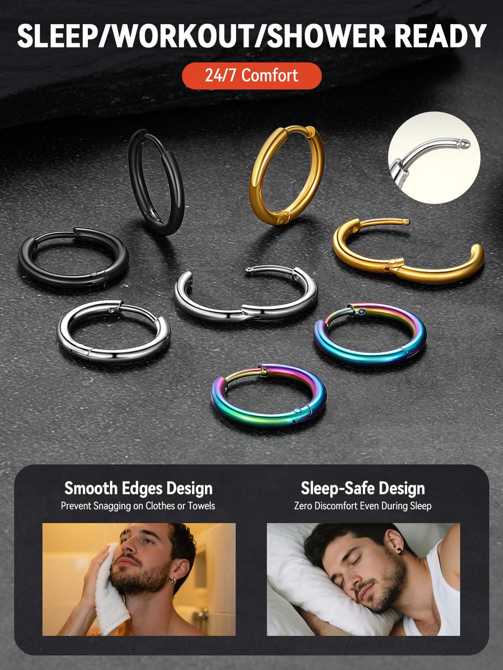 FaithHeart Stainless Steel Black Huggie Hoop Earrings for Men 10mm