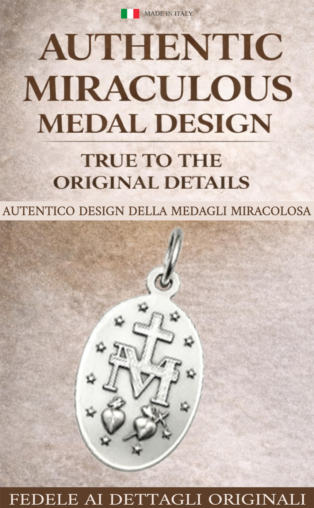 MIRACULOUS MEDAL ORIGINAL DESIGN, CATHOLIC VIRGIN MARY PENDANT, MADE IN ITALY, SILVER PLATED BRASS, RELIGIOUS JEWELRY GIFT FOR WOMEN MEN