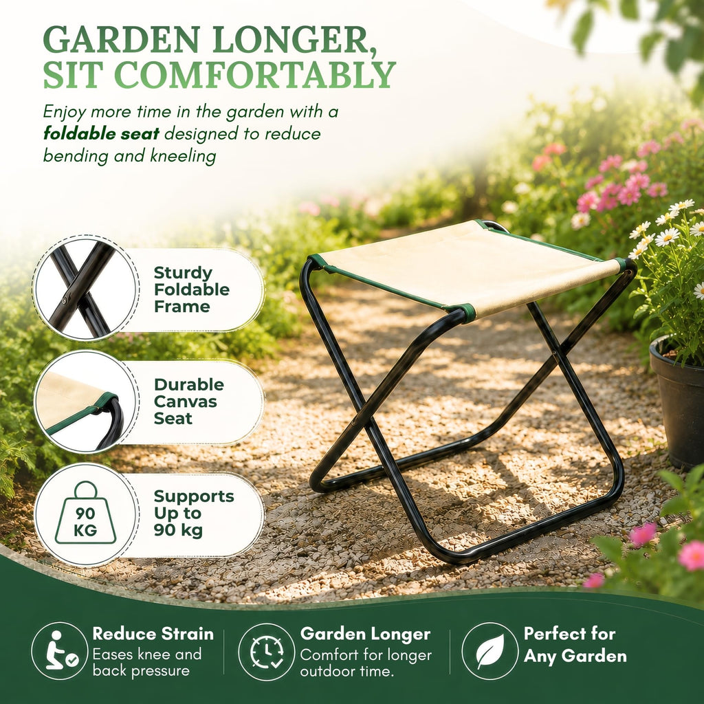 GardenHOME 7-Piece Gardening Tool Set with Folding Stool and Storage Tote Bag, Stainless Steel Garden Tools with Wooden Handles, Garden Kit for Planting, Weeding, Pruning, Yard Work, Gardening Gifts