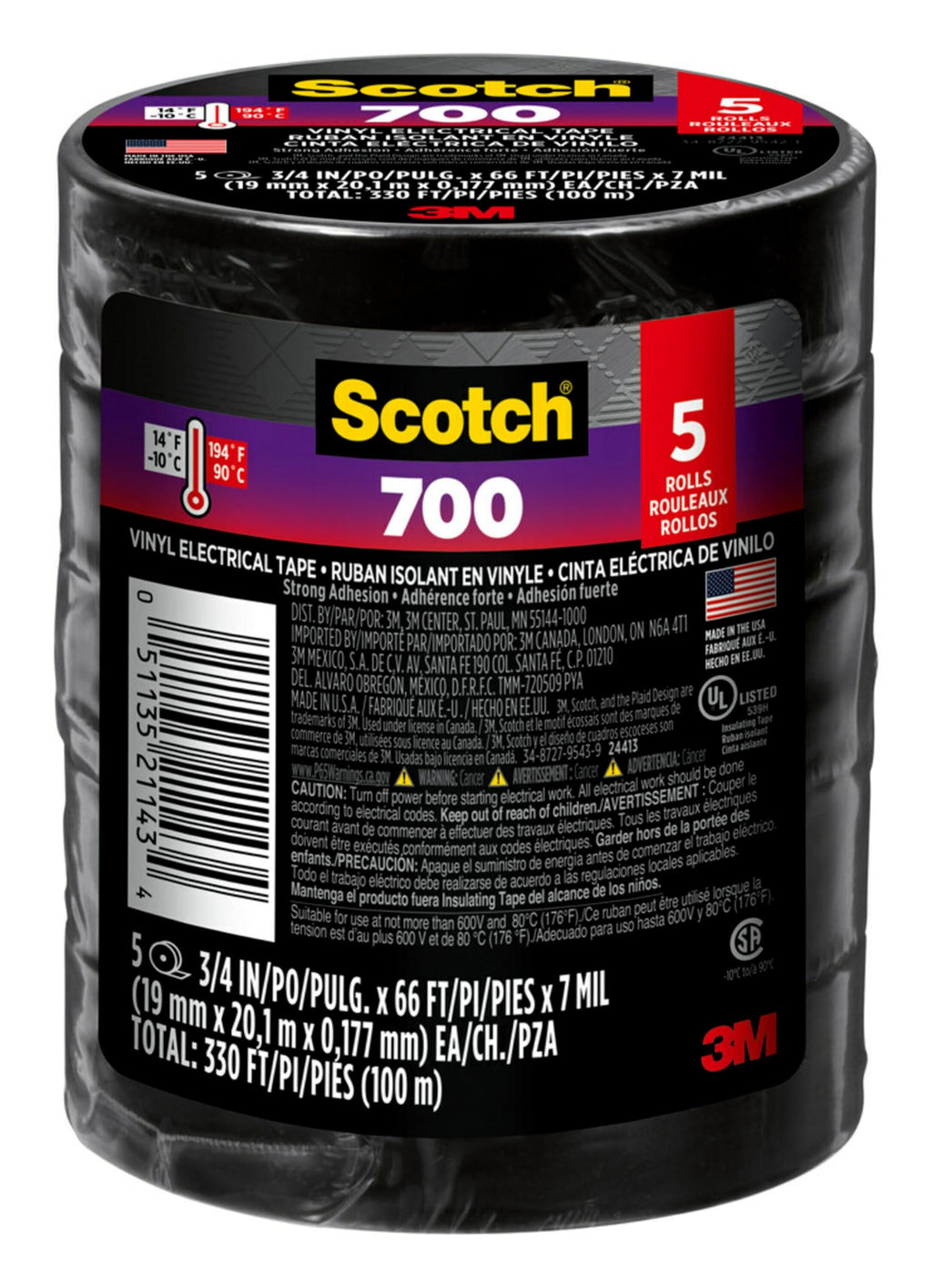 Scotch Vinyl 700 Electrical Tape, 5 Rolls, Black, 3/4-in x 66-ft, Commercial Grade, Rated for Temperatures Up to 194-Degree, Highly Flexible, Stretchy and Conformable (24413-BA-6)