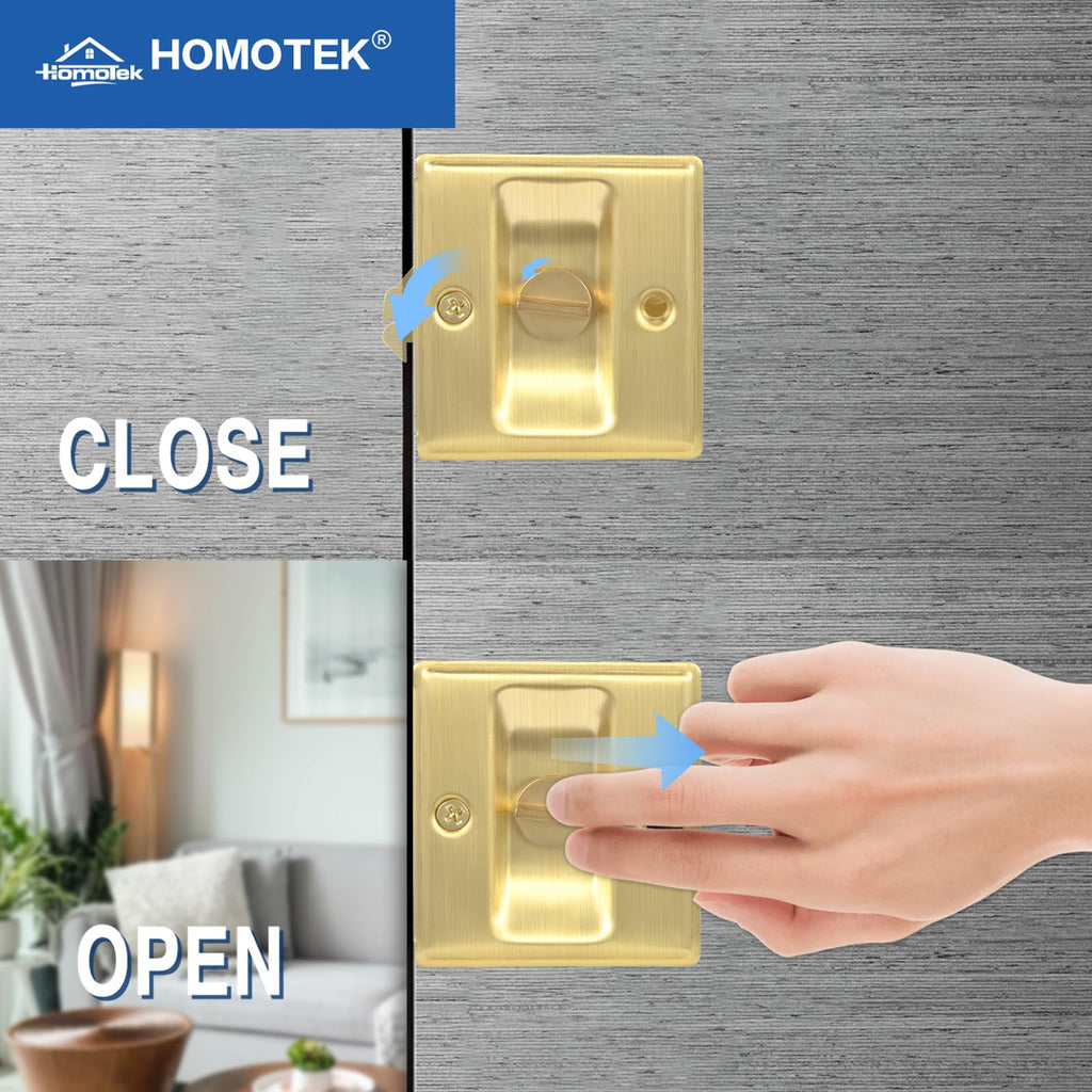 HOMOTEK 1 Pack Privacy Sliding Door Lock with Pull - Replace Old Or Damaged Pocket Door Locks Hardware Quickly and Easily, 2-3/4”x2-1/2”, for 1-3/8” Thickness Door,Brushed Brass