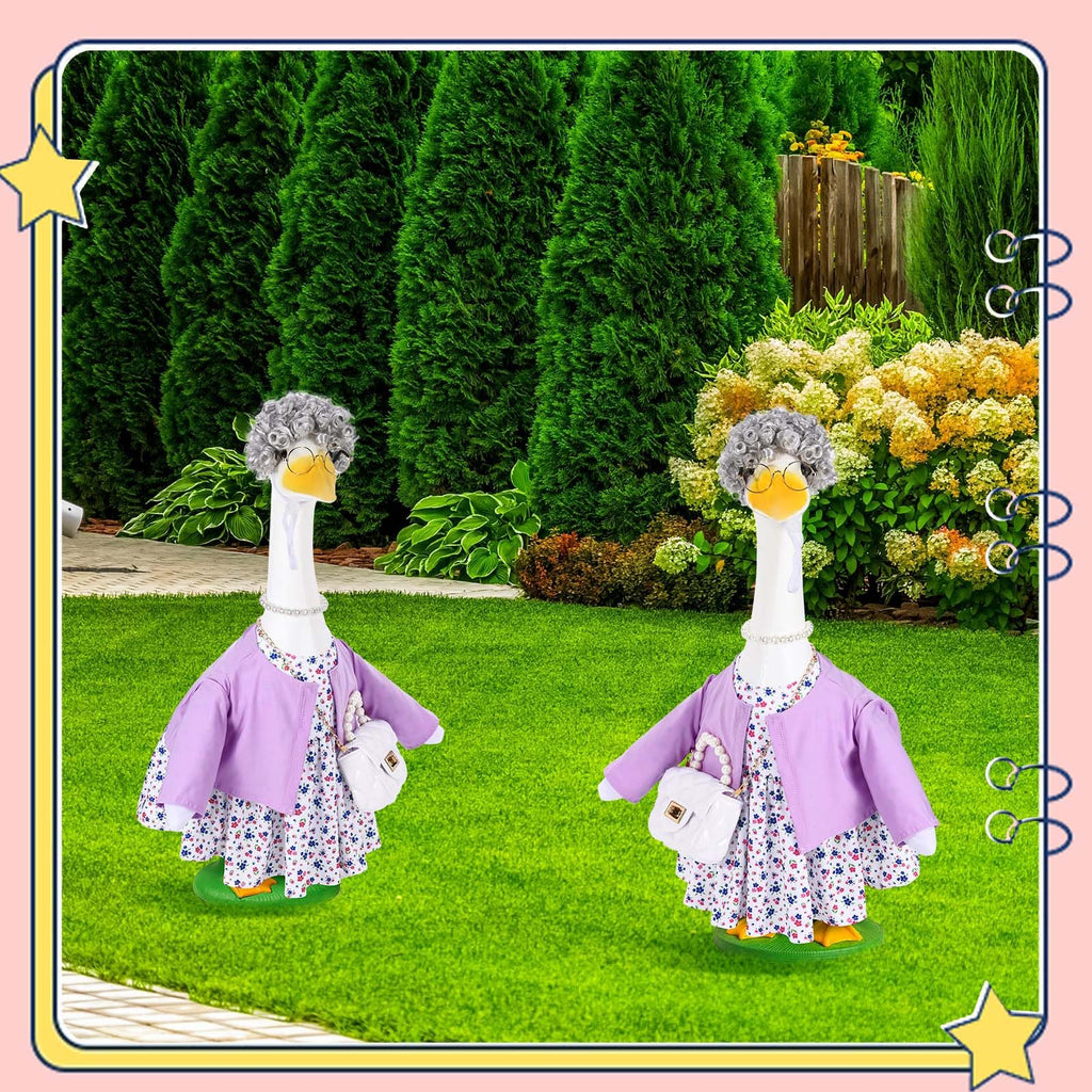 JcHrmers Old Lady Porch Goose Outfits Grandma Goose Clothes Old Lady Floral Goose Costume with Curly Wig Necklace Bag Fits 23" Geese Statue for School Lawn Patio Yard Garden Decor (Purple)