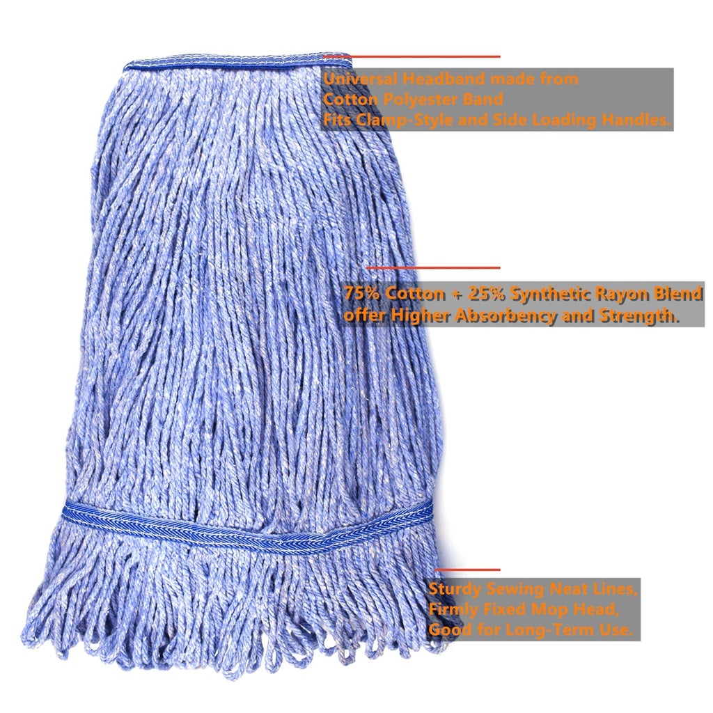 String Mop Heads Replacement Heavy Duty Commercial Grade Blue Cotton Looped End Wet Industrial Cleaning Mop Head Refills (6, Medium)