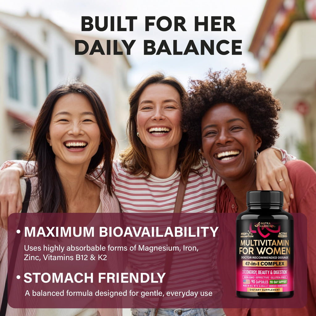 Multivitamin for Women - B-Complex | Whole Foods | Hair Growth Support | Digestion & Metabolism | Iron - 47in1 Womens Multivitamin - Bioavailable & Gentle on Stomach - Made in USA - 90 Capsules