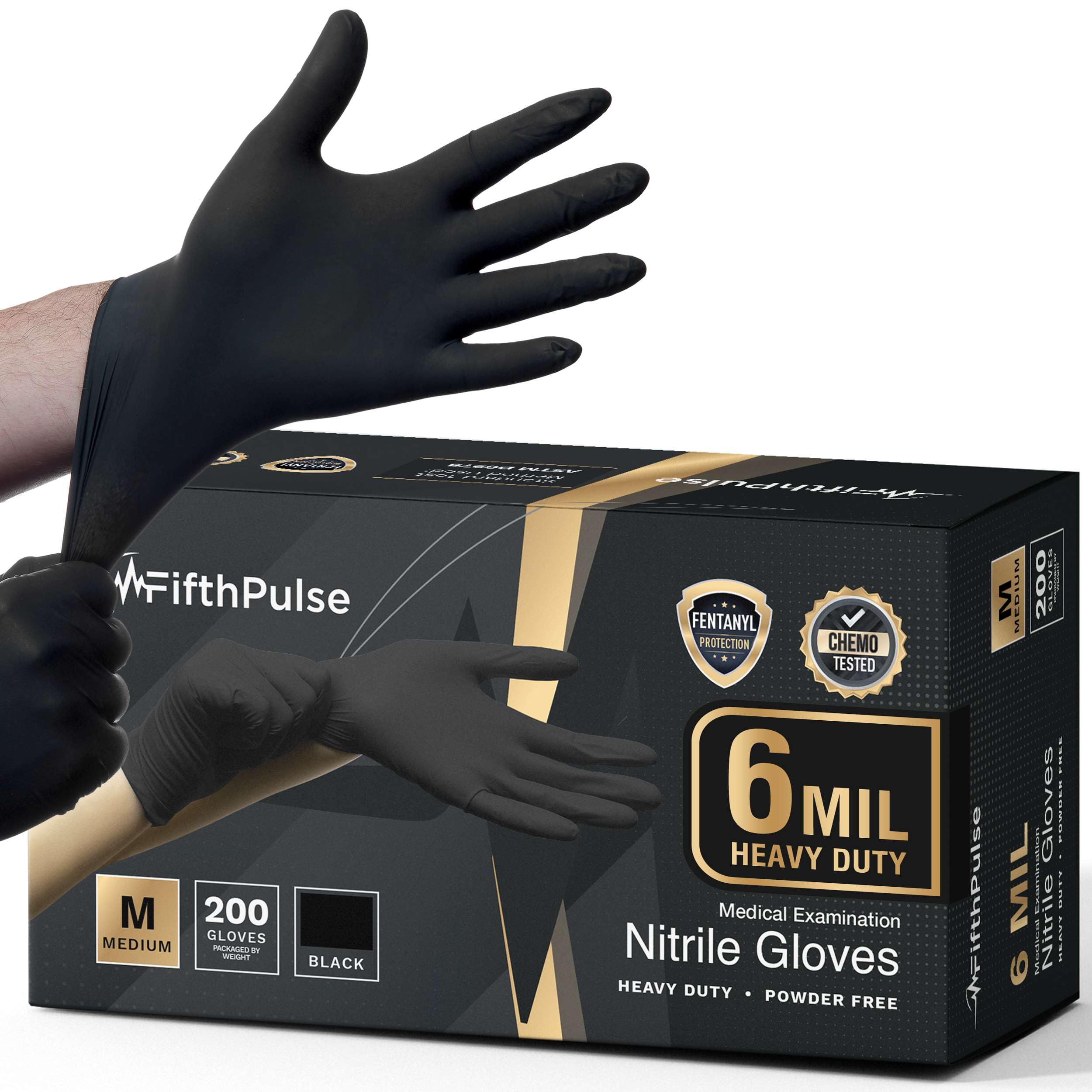 FifthPulse 6 Mil Black Nitrile Gloves Medium, 200 Count Heavy-Duty Disposable Gloves for Mechanics, Food Prep, and Medical Use - Powder-Free, Latex-Free, Extra Thick & Puncture-Resistant Rubber Glove