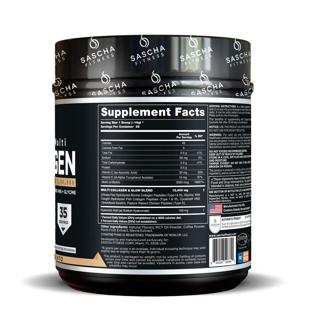 SASCHA FITNESS Hydrolyzed Multi Collagen Peptides Tipes 1,2 & 3 |Hyaluronic Acid|Biotin |Cynatine HSN|Vitamin C & E |for Hairs, Skin & Bone Support|Caramel Macchiato