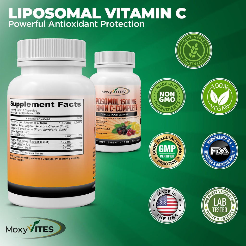 Liposomal Vitamin C with Zinc Capsules - Vit C Organic Elderberry, Amla, Camu Camu- Vitamina C High Absorption, Anti Aging, Immune Support,1500mg/Serving 3 Month Supply Gluten Free NON GMO Veggie Caps