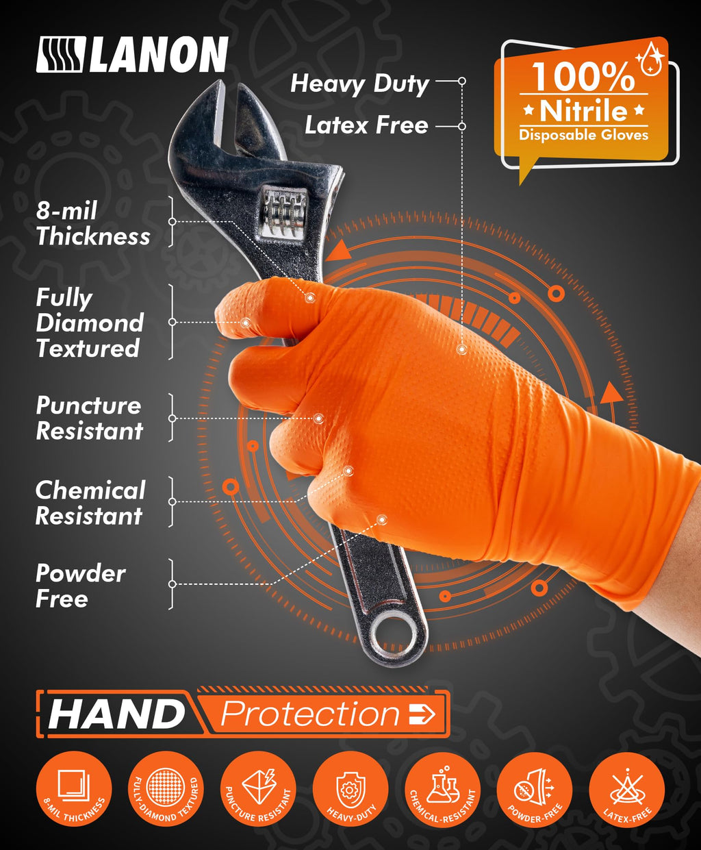 LANON 8mil Orange Disposable Nitrile Gloves, Mechanic, Heavy Duty, Food Safe, Latex Free, Powder Free, Fully-Diamond Textured, Medium