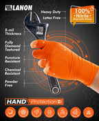 LANON 8mil Orange Disposable Nitrile Gloves, Mechanic, Heavy Duty, Food Safe, Latex Free, Powder Free, Fully-Diamond Textured, Medium