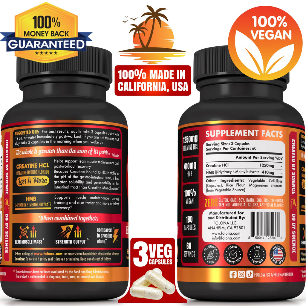 Creatine HCL Capsules with HMB - Workout Supplement for Men & Women, Muscle Builder, Endurance, Strength, Superior to Monohydrate: Instantized for Max Absorption, No Load, No Bloat, 180 Vegan Capsules
