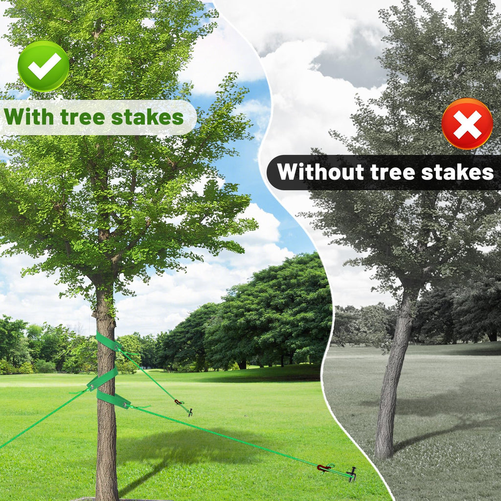 Fabulas Tree Stakes Kits, 6 Pcs 11.8 Inch Heavy Duty Steel Stakes and Supports for Leaning Young Trees Straightening with 6 Pcs Support Straps and 13.2ft Anchor Ropes, Against Strong Wind Bad Weather