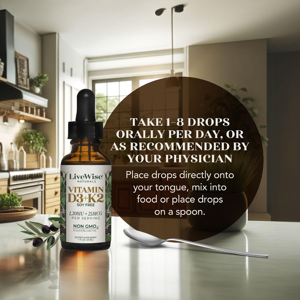Live Wise Naturals Vitamin D3+K2 Liquid Drops - Organic MCT Oil Formula for Adults, Kids & Toddlers - Easy Absorption 1208 IU Vitamin D3 & 25 mcg K2 (mk7) for Immune Support & Bone Health - No flavour