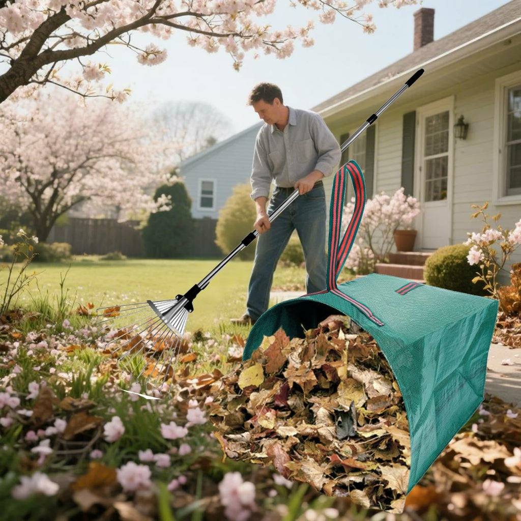 RISETEX Leaf Rake with 53 Gal Leaf Bags, Expandable Heavy Duty Metal Set