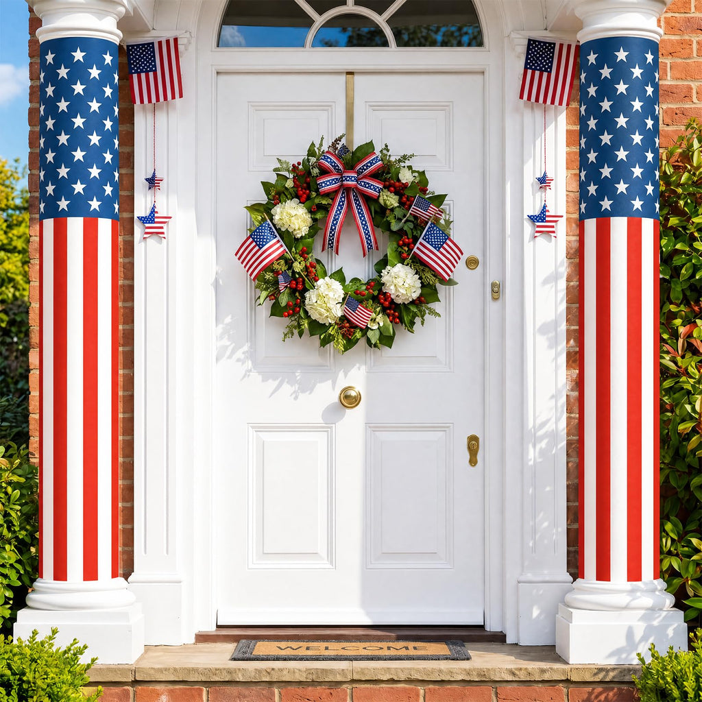 Frienda 4 Pack 4th of July American Flag Column Wraps 108 x 54 Inch Striped Porch Independence Day Column Wraps with 1 Roll Tape Disposable Pillar Wrap for Independence Day Party Outdoor Decor