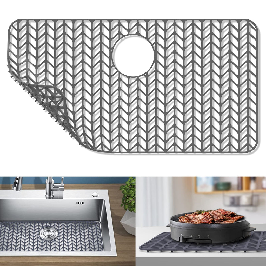GUUKIN Sink Protectors for Kitchen Sink - 28.4"x 15.2" Silicone Kitchen Sink Mat Grid for Bottom of Farmhouse Stainless Steel Porcelain Sink with Rear Drain（Grey）, 2815B