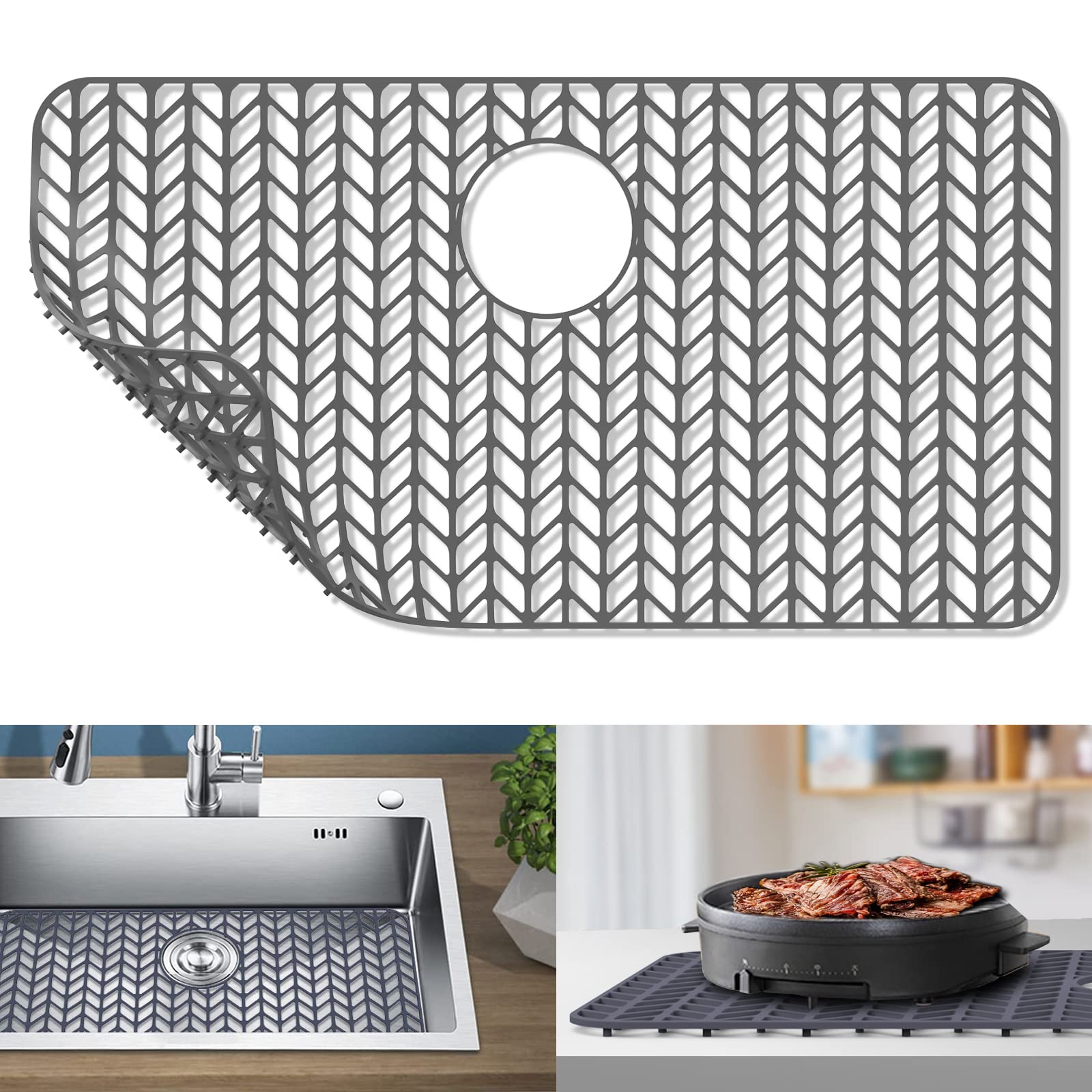 GUUKIN Sink Protectors for Kitchen Sink - 28.4"x 15.2" Silicone Kitchen Sink Mat Grid for Bottom of Farmhouse Stainless Steel Porcelain Sink with Rear Drain（Grey）, 2815B