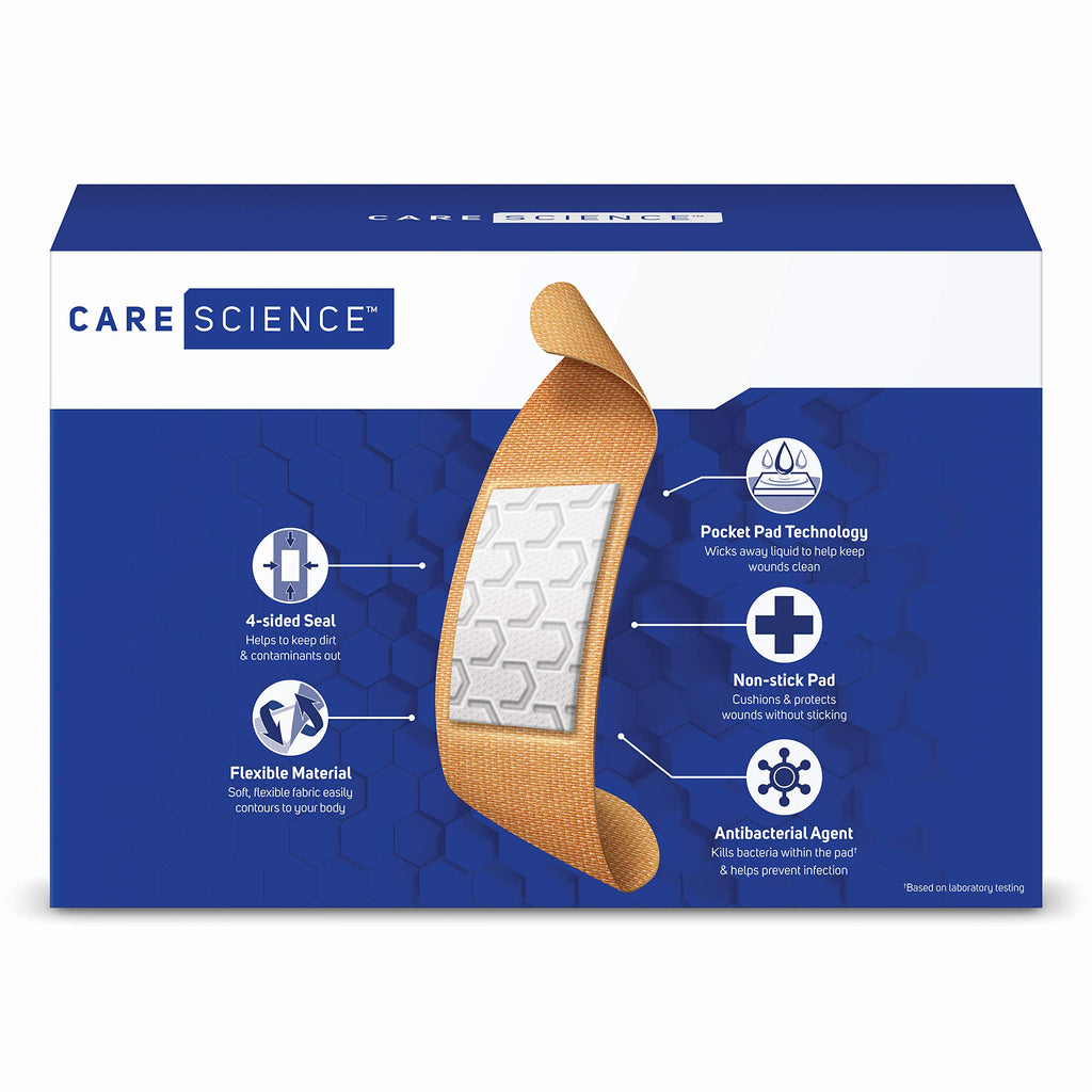 Care Science Fabric Adhesive Bandages, 200 ct Bulk Assorted Sizes | Flexible + Breathable Protection for First Aid and Wound Care