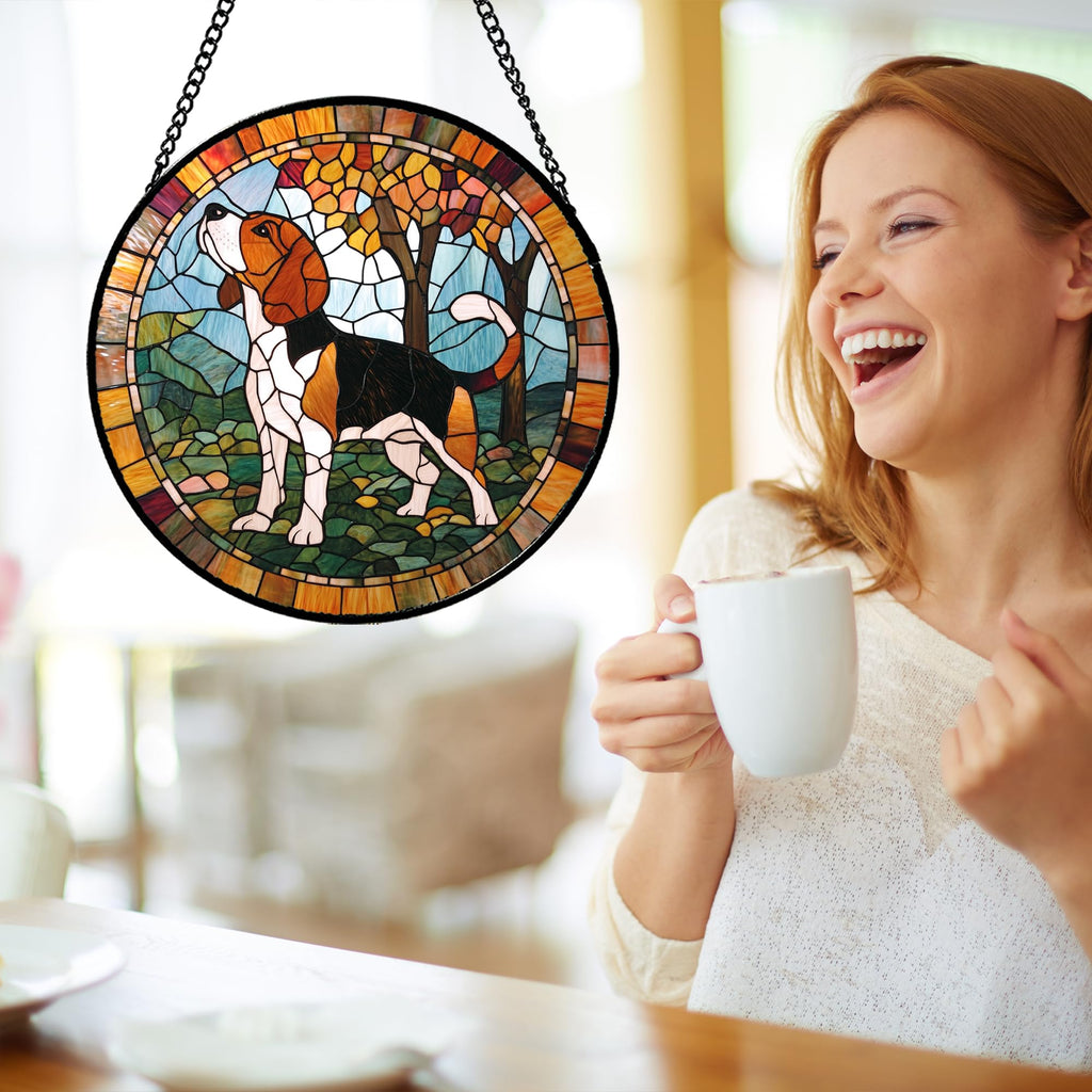 GEFOS Stained Glass Window Hanging Cute Dog Beagle Trees 6.3" - Suncatcher Door Garden Sunroom Sun Catcher Home Decor Birthday Christmas for Lost Pets Mom Men Woman Nana