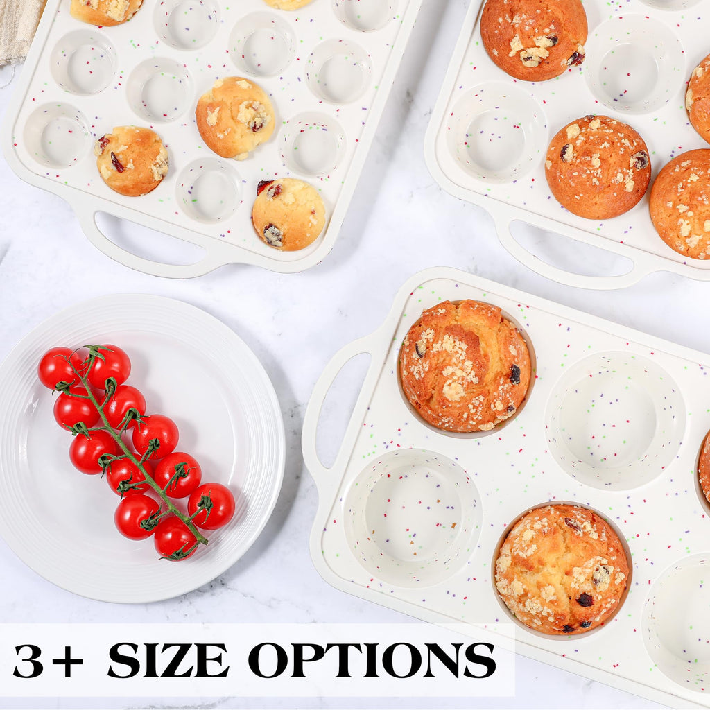 AOTASO 2 Pcs Silicone Mini Muffin Pan With Metal Frame, 24 Cups Nonstick Cupcake Tray for Baking, Small Muffin Molds with Handles (Cream)