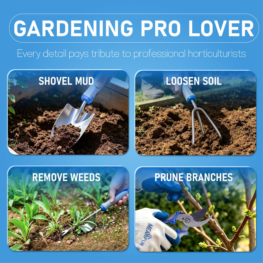 8-Piece Gardening Tools Set, Rust-Proof Stainless Steel Garden Tool with Ergonomic Handles, Ideal Gardening Gifts Set for Women Men, Includes Storage Bag, Gloves, Pruner, and Weeder